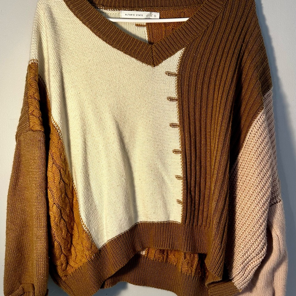 Altar'd State V-Neck Sweater in Brown and Cream